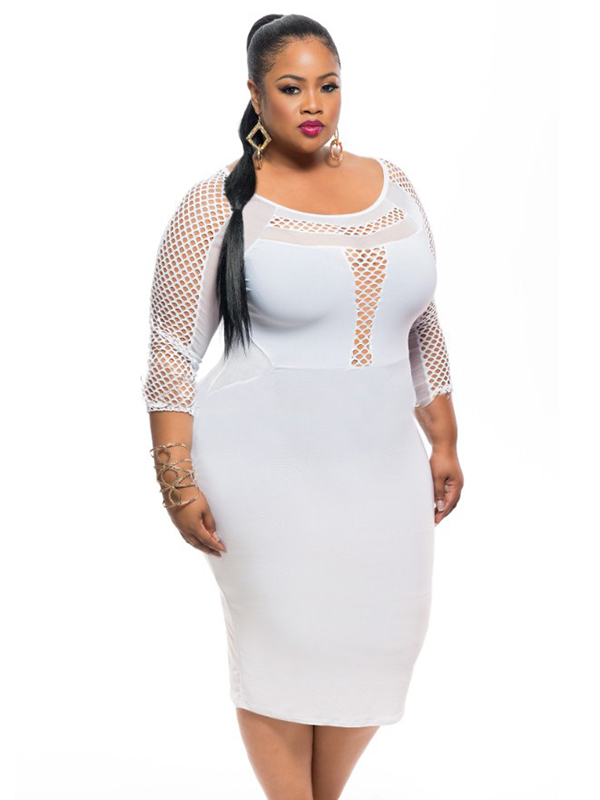 White Plus Size Hollow Long Sleeve Dress
