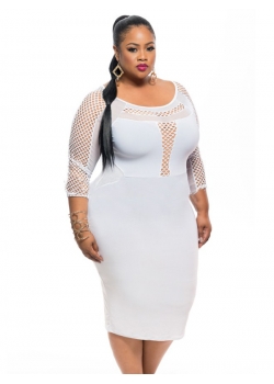 White Plus Size Hollow Long Sleeve Dress
