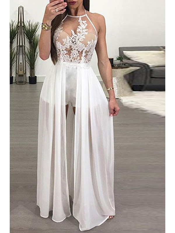 White See-Through Backless Chiffon Jumpsuits