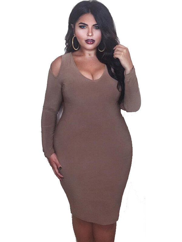 Brown Long Sleeve Women Plus Size Dress