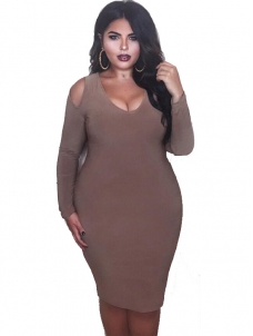 Brown Long Sleeve Women Plus Size Dress