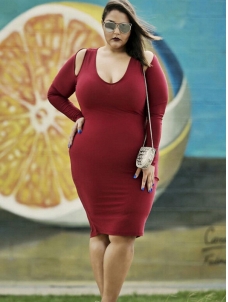 Wine Red Long Sleeve Women Plus Size Dress