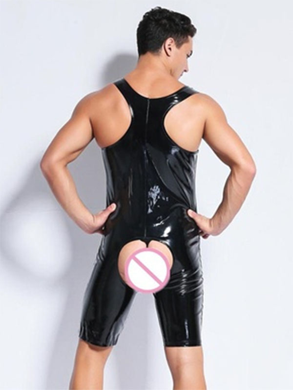 Male Catsuit Wetlook Leather Playsuit Crotchless