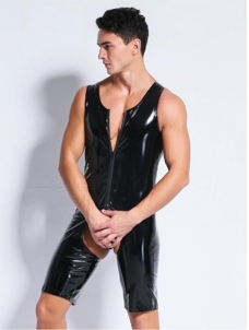 Male Catsuit Wetlook Leather Playsuit Crotchless