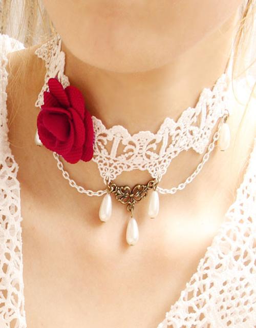 Baroness White Choker Red Flower & Beads