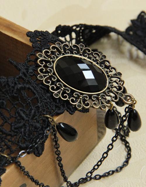 Gothic Black Beaded Pendant Lace Choker