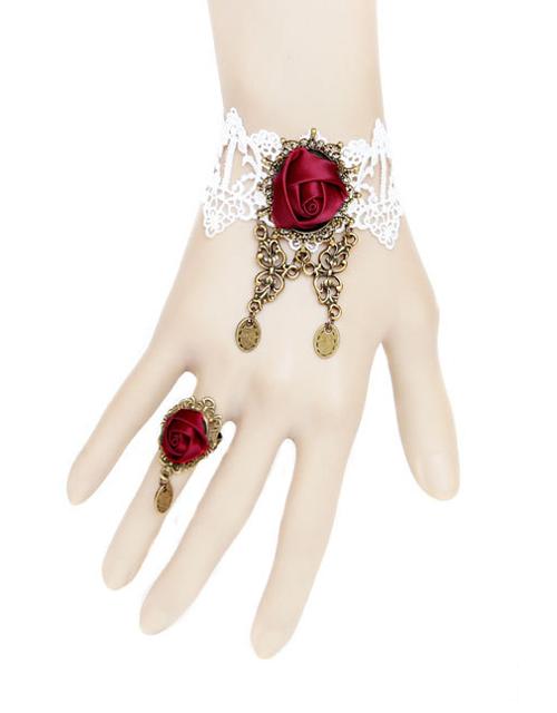 Gothic Pendant Red Rose Bracelet with Ring 