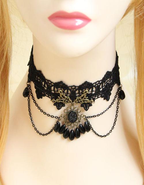 Sexy Black Lace Necklace with Beads & Chain