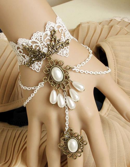 Victorian White Beads Chains Bracelet Ring Jeweiry