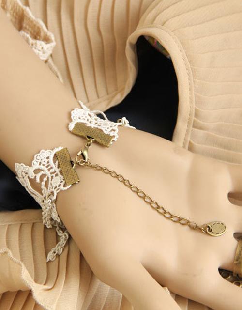 Victorian White Beads Chains Bracelet Ring Jeweiry