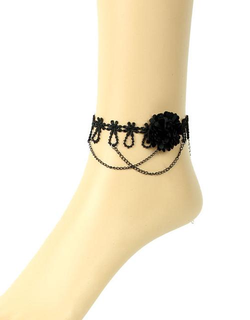 Vintage Gothic Black Flower & Chains Anklet