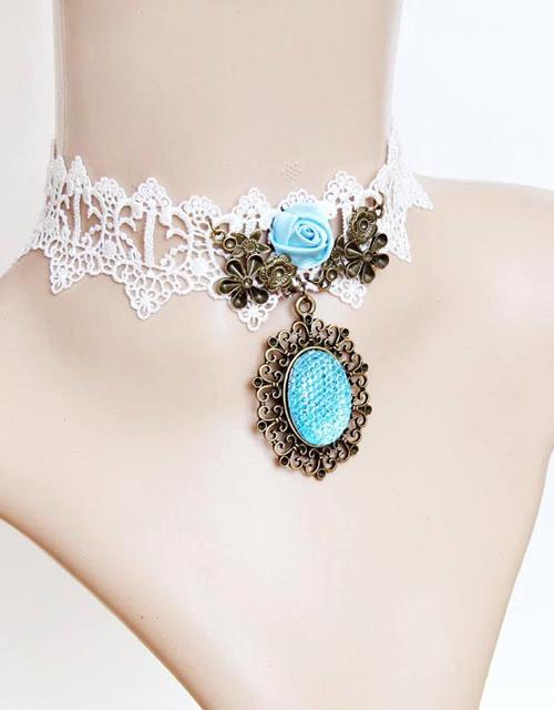 Vintage White Lace Necklace with Blue Rhinestone