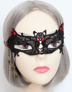 Black Lace Gothic Bat Eye Masks with Red Beads & Chains 