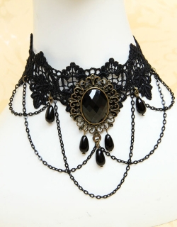Gothic Black Beaded Pendant Lace Choker