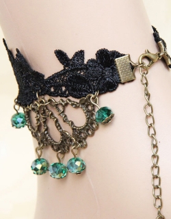 Gothic Black Lace Anklet with Green Beads 