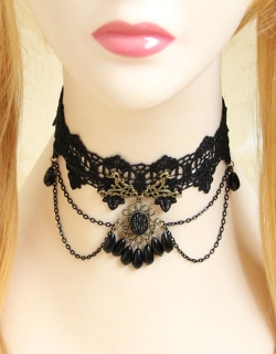 Sexy Black Lace Necklace with Beads & Chain