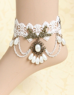 White Beads & Chains Vintage Anklet