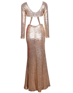 Gold Sequin Cutout Long Sleeve Slit Maxi Dress