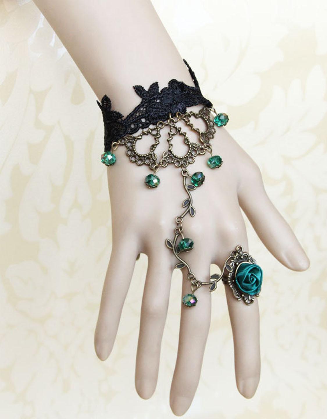 Green Beads Lace Bracelet with Rose 