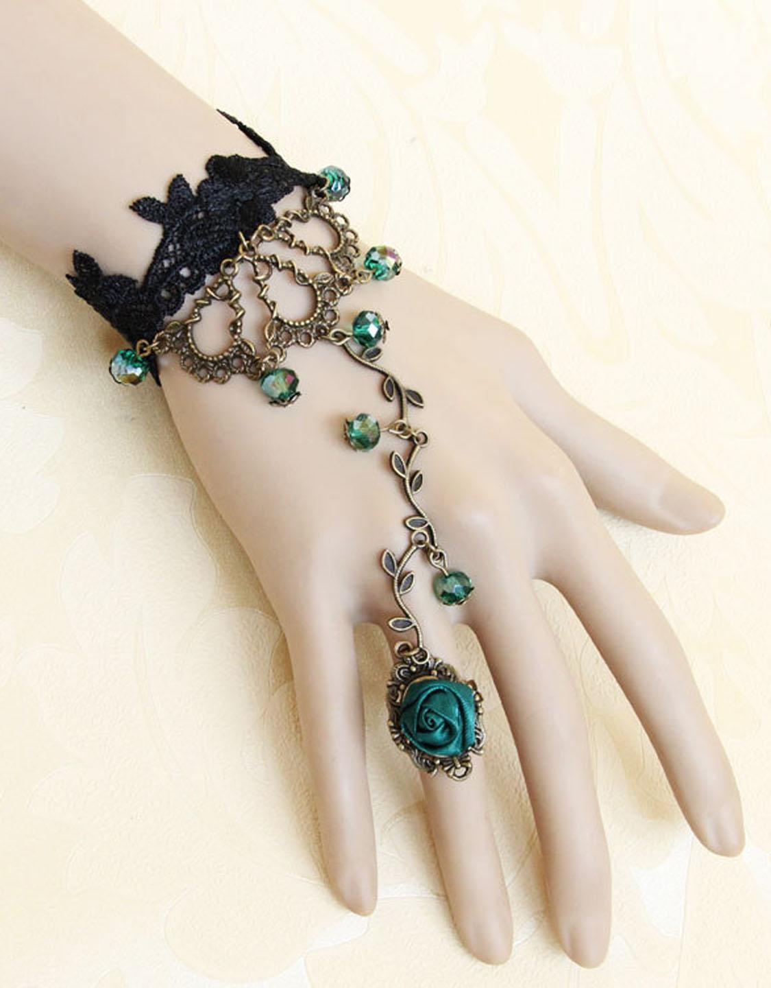Green Beads Lace Bracelet with Rose 
