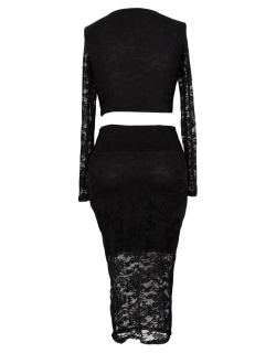 Black Lace Overlay Long-Sleeve Skirt Set