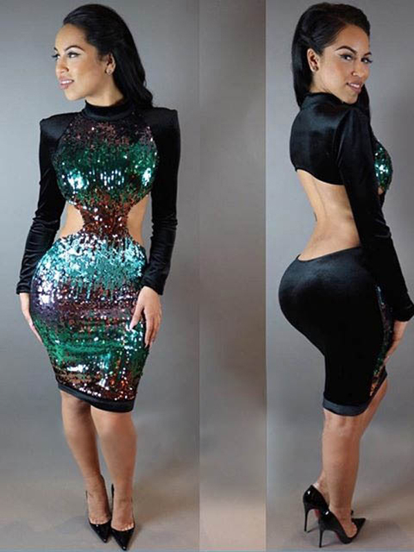 Sexy Long Sleeves Cut Out Sequins Bodycon Dress
