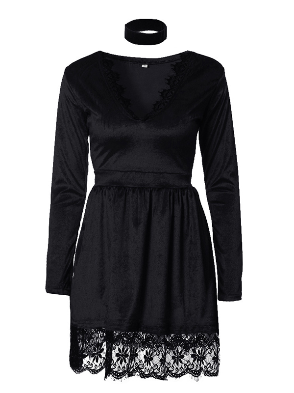  Sexy V-Neck Long Sleeve Casual Dress With Lace 