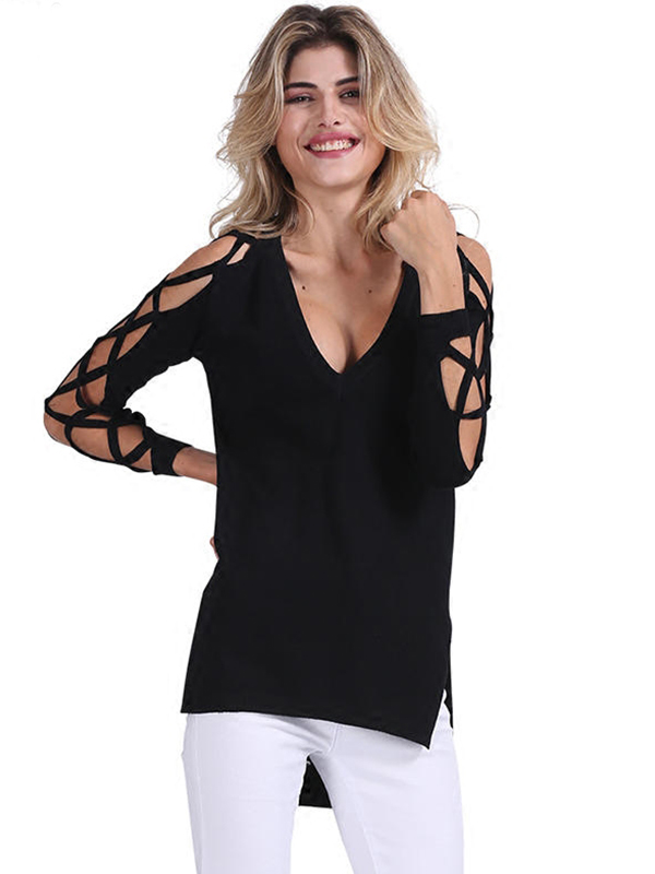 Black Women Hollow Out Long Sleeve Tops