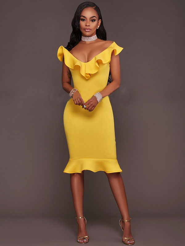 Yellow Woman Sexy Flounces Strapless Midi Dresses