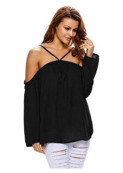 Black Hollow Out Sleeve Women Blouses