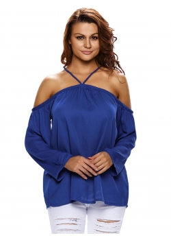 Blue Hollow Out Sleeve Women Blouses