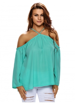 Green Hollow Out Sleeve Women Blouses