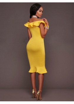 Yellow Woman Sexy Flounces Strapless Midi Dresses
