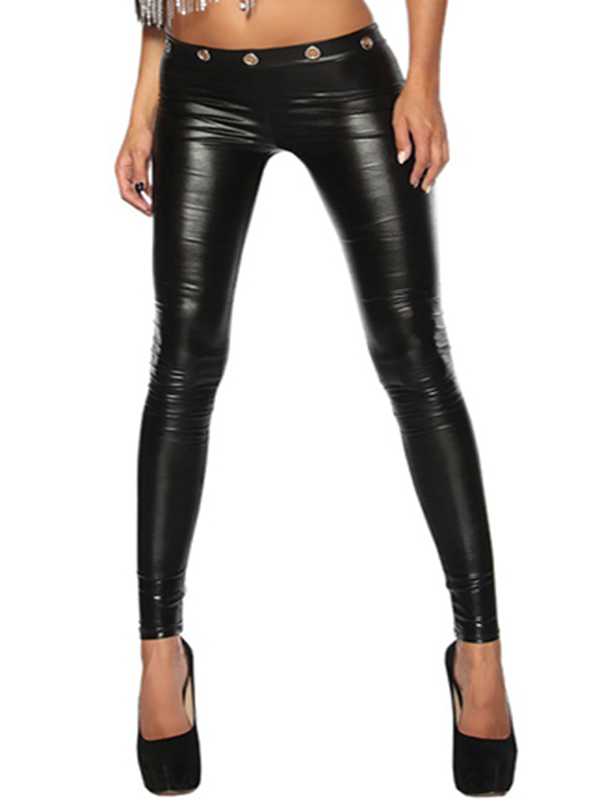 Fashion Black Solid Leather Leggings