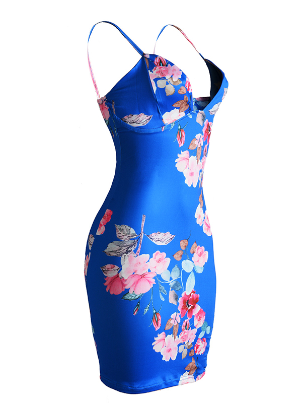 Sexy  Floral Printed Blue Bodycon Dress