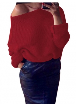 Red Off One Shoulder Women Sweater Tops