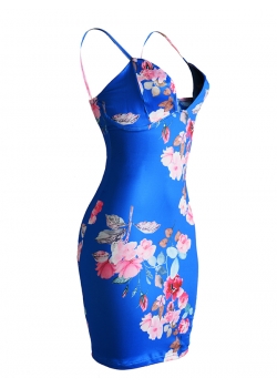 Sexy  Floral Printed Blue Bodycon Dress