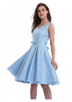 Blue Fashion V Neck Lace Midi Dress