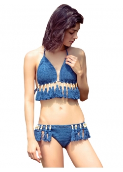 Sexy Crochet Halter Tassel Blue Bikini Set