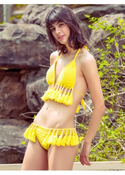 Yellow Sexy Crochet Tassel Bikini Set
