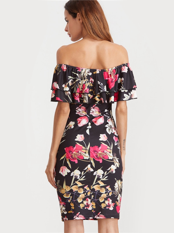 Black Flounce Layered Neckline Flower Print Dress
