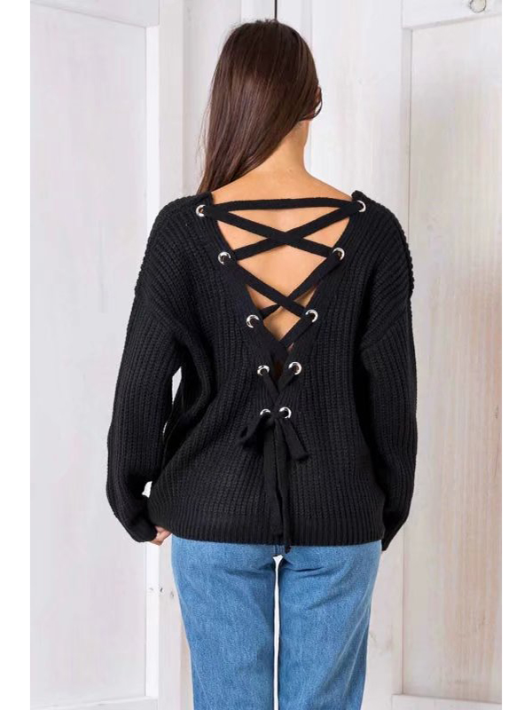 Black Lace-Up Back V-Neck Loosing Sweaters