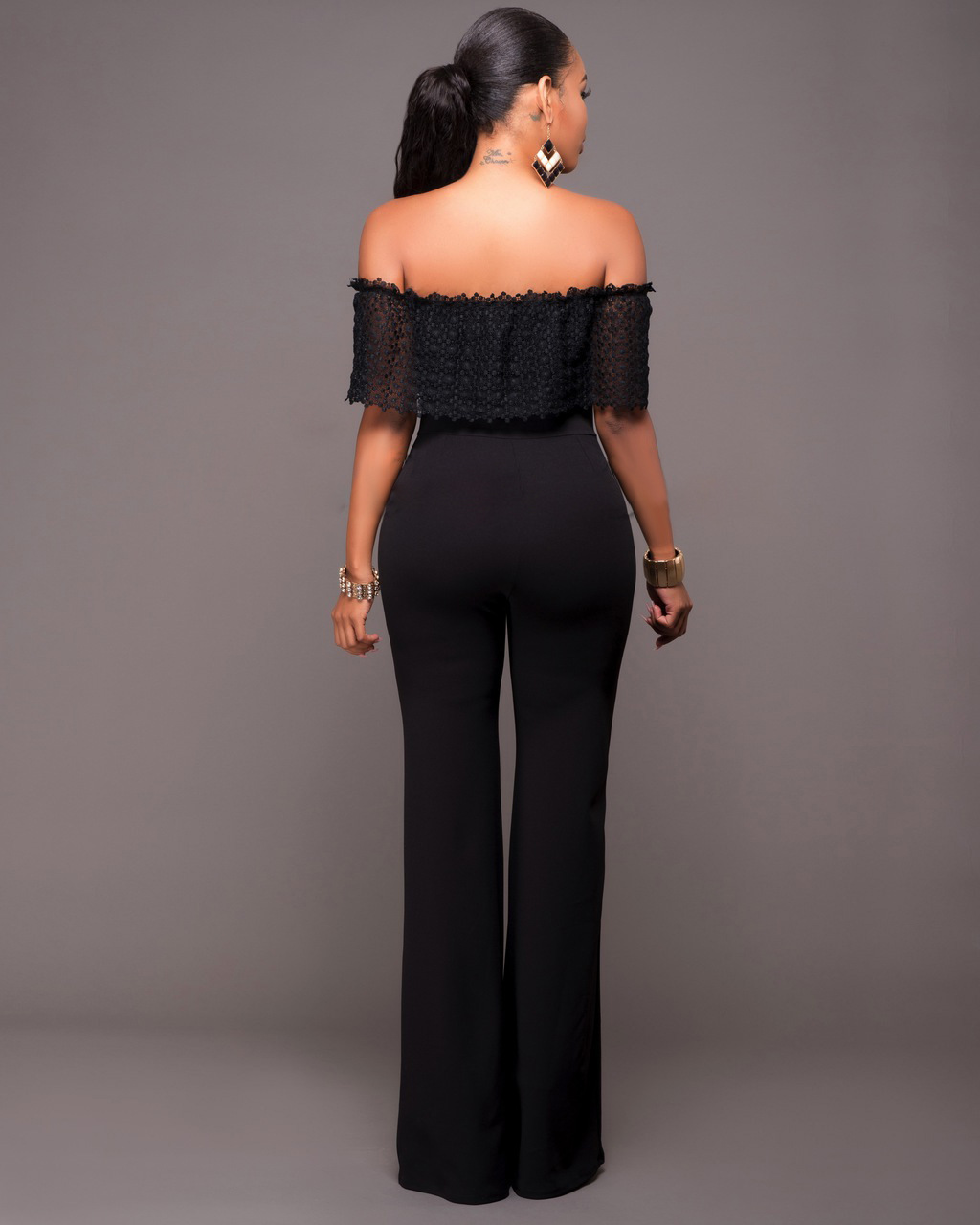 Black Lace Up Ruffle Overlay Strapless Jumpsuit