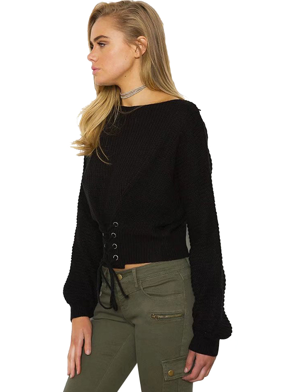 Black Sexy Lace-Up Crop Sweaters 