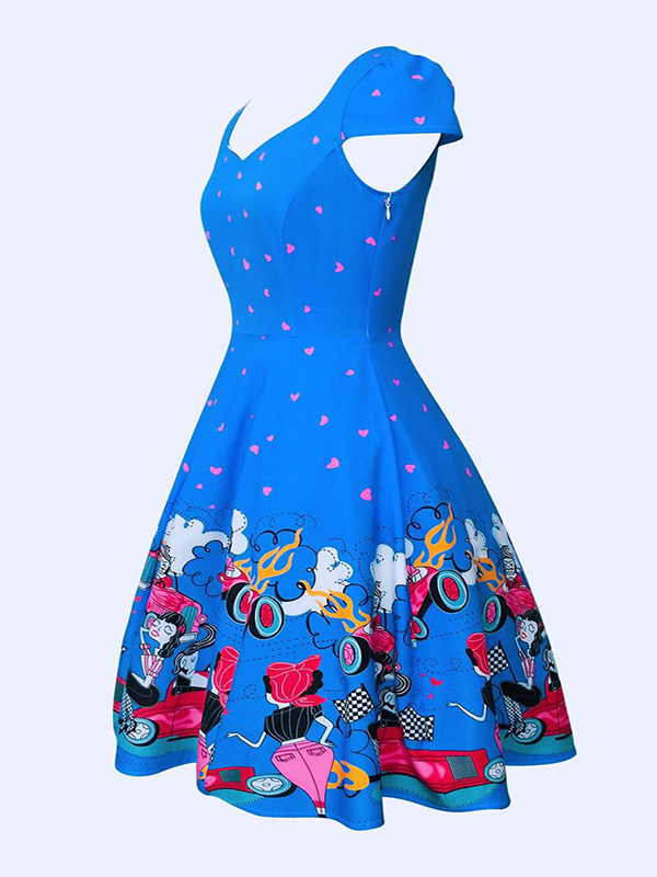 Blue Digital Floral Vintage Swing Dress