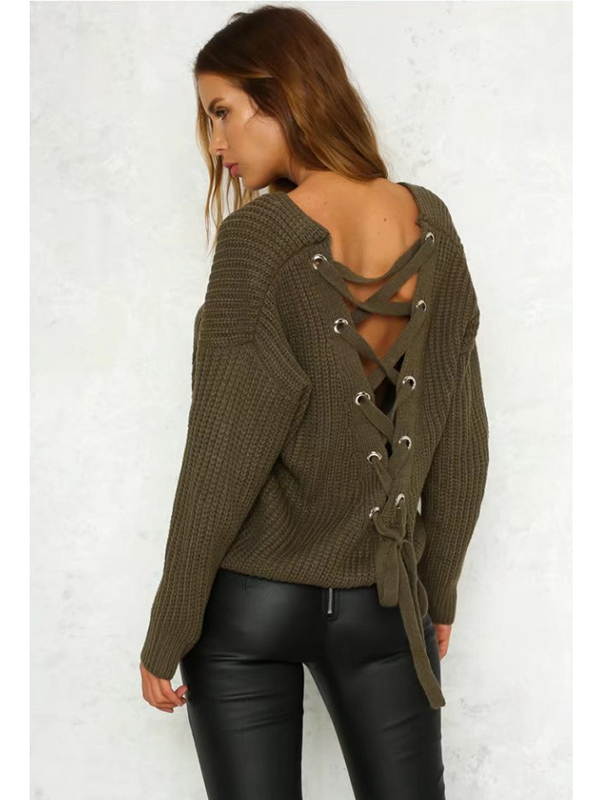 Green Lace-Up Back V-Neck Loosing Sweaters