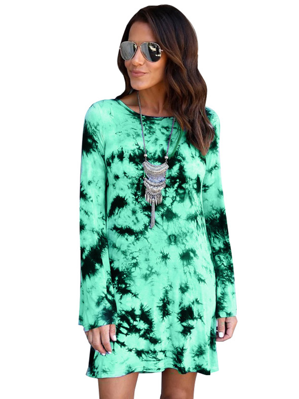 Green Long Sleeve Print Shirt Dress
