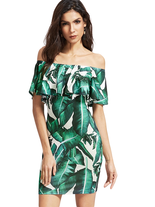 Green Sexy Flounce Layered Neckline Flower Print Dress