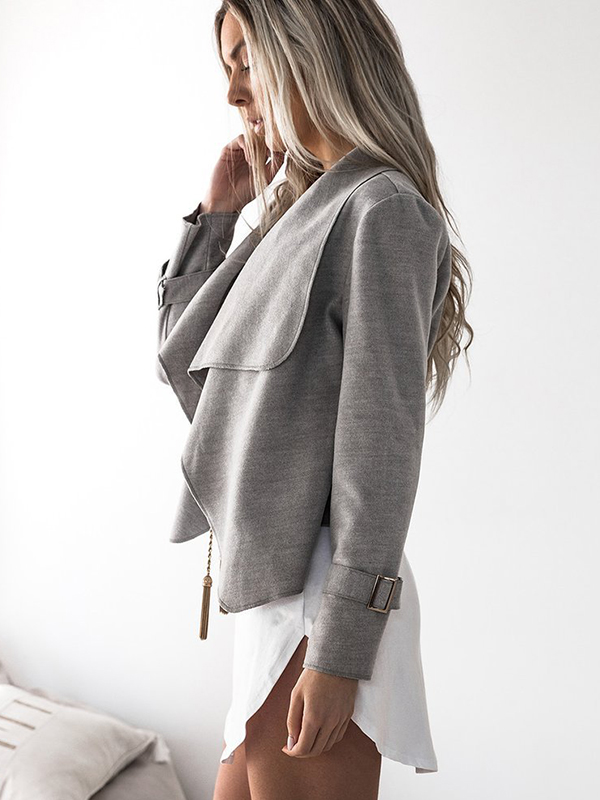 Grey Long Sleeve Plain Jacket with Turndown Collar