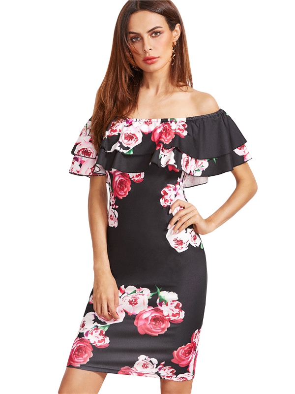 New Style Flounce Layered Neckline Flower Print Dress